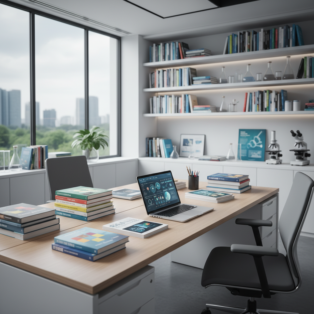 Ein modernes Forschungsbüro mit Büchern und wissenschaftlichen Zeitschriften