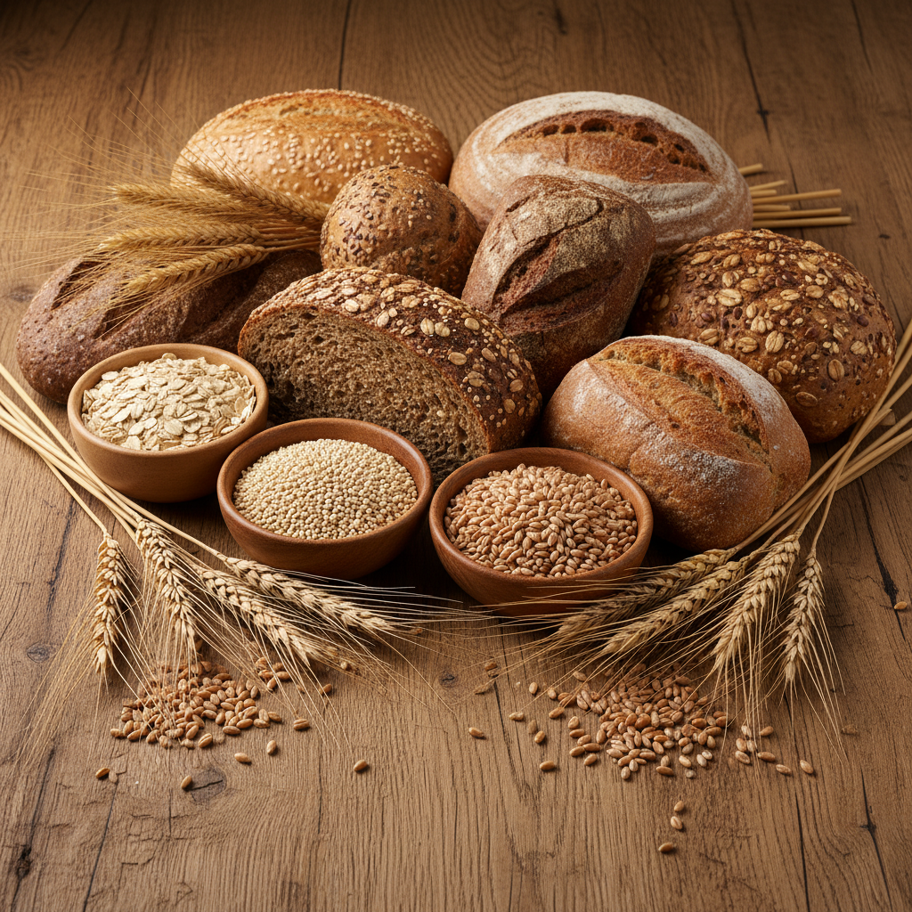 Vollkornprodukte und Getreideähren auf einem hölzernen Hintergrund