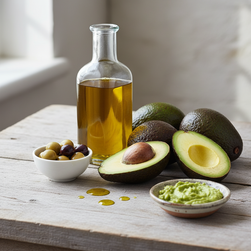 Hochwertiges Stillleben von Olivenöl und Avocados zur Darstellung gesunder Fettquellen