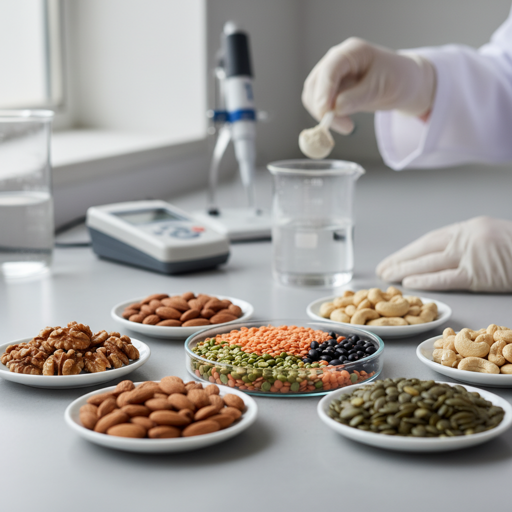 Nahaufnahme von pflanzlichen Proteinquellen wie Linsen und Nüssen in einem Forschungskontext